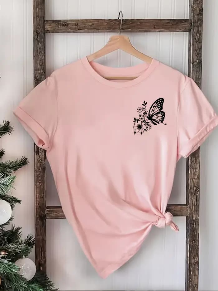 Orange vif avec papillon blanc imprimé T-shirt fille dessin animé unisexe hauts à manches courtes Streetwear femmes col rond t-shirts femme
