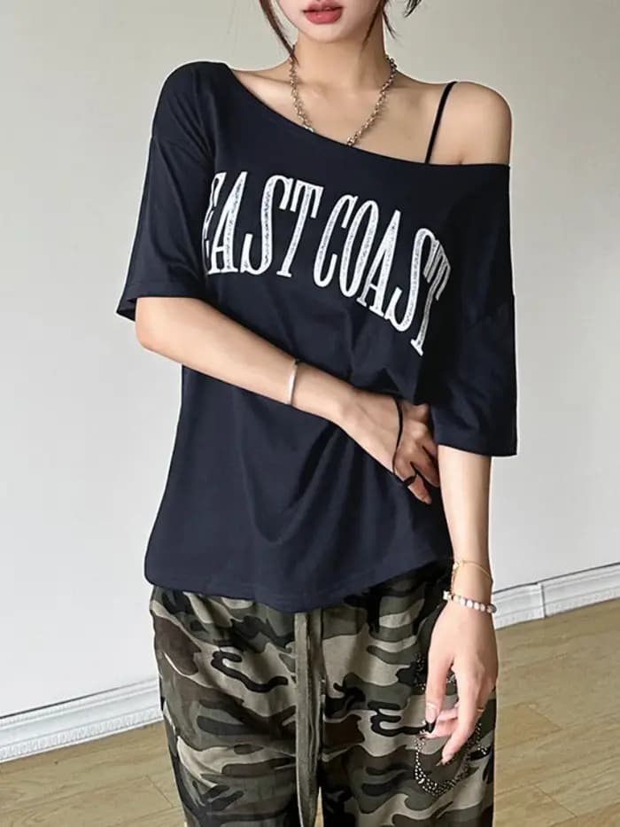Lettres imprimer t-shirts pour femmes Streetwear encolure dégagée t-shirt à manches courtes Camisetas Grunge vêtements Ropa Mujer Y2k accessoires
