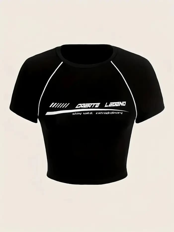 T-shirt court à col rond imprimé monogramme, haut décontracté à manches courtes printemps/été pour f