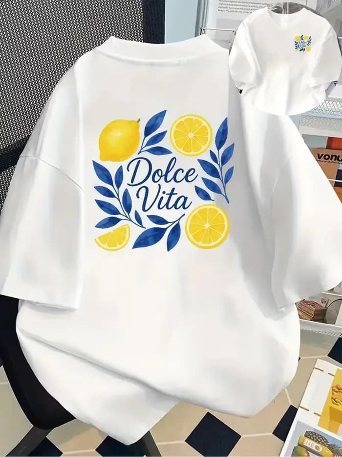 Lemon, Vita Print T-shirt à manches courtes et col rond pour femme, haut décontracté pour l'été et l