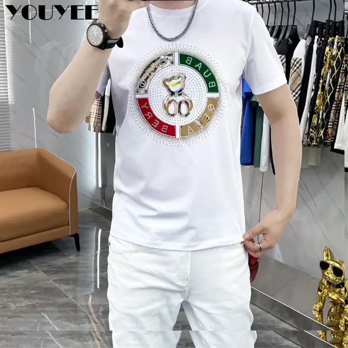 T-shirt homme marque de mode ours impression hommes t-shirts haute qualité coton mercerisé mince homme hauts jeunesse casual hommes vêtements 6XL