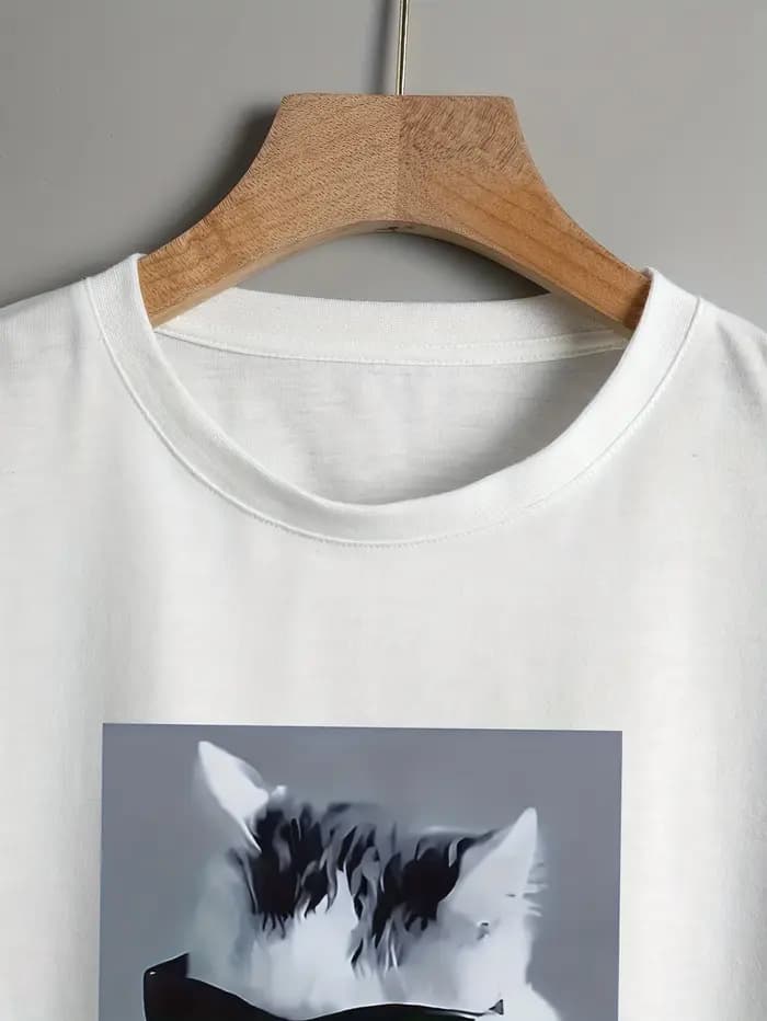 Cool chat & lettre impression T-Shirt court décontracté col rond manches courtes