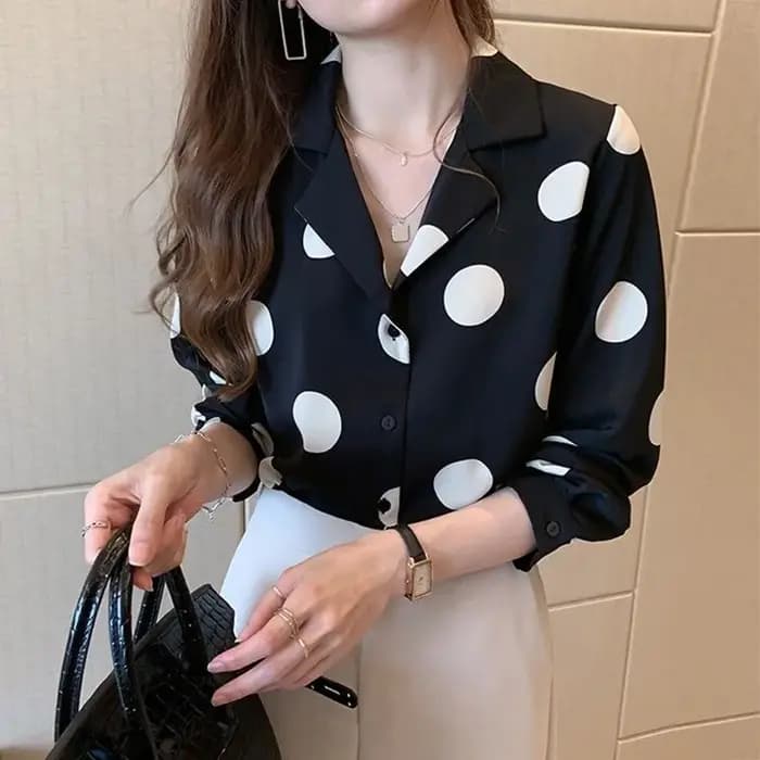 Chemise femme à pois élégant revers boutonné Blouse à manches longues été hauts Vintage décontracté