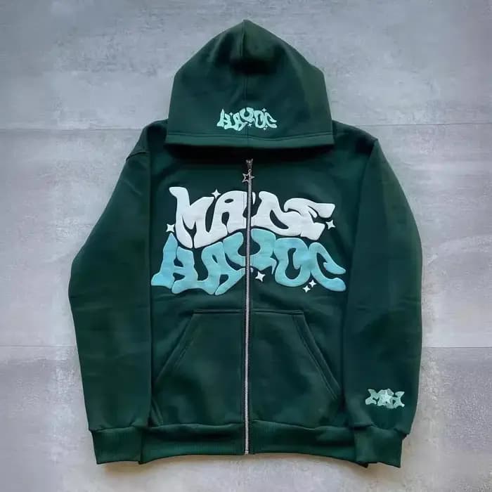 Sweat-shirt à capuche avec fermeture éclair et lettres américaines rétro