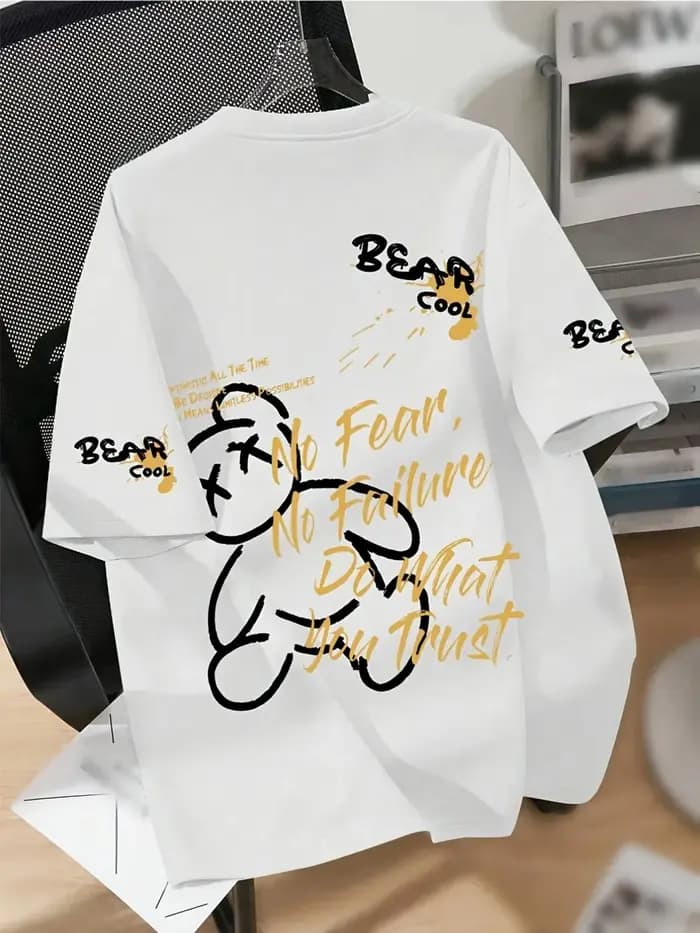 T-shirt d'été respirant pour homme à col rond avec imprimé ours de dessin animé