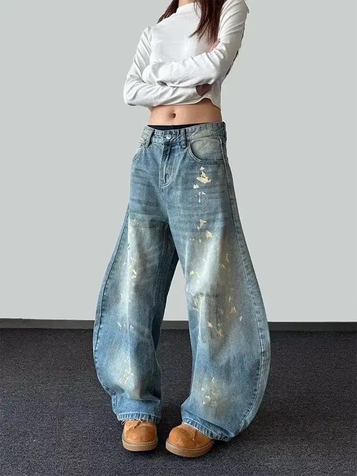2025 Ropa Y2K mode peinture à l'encre Vintage bleu Baggy jean pantalon pour femmes vêtements vieille jambe large dame