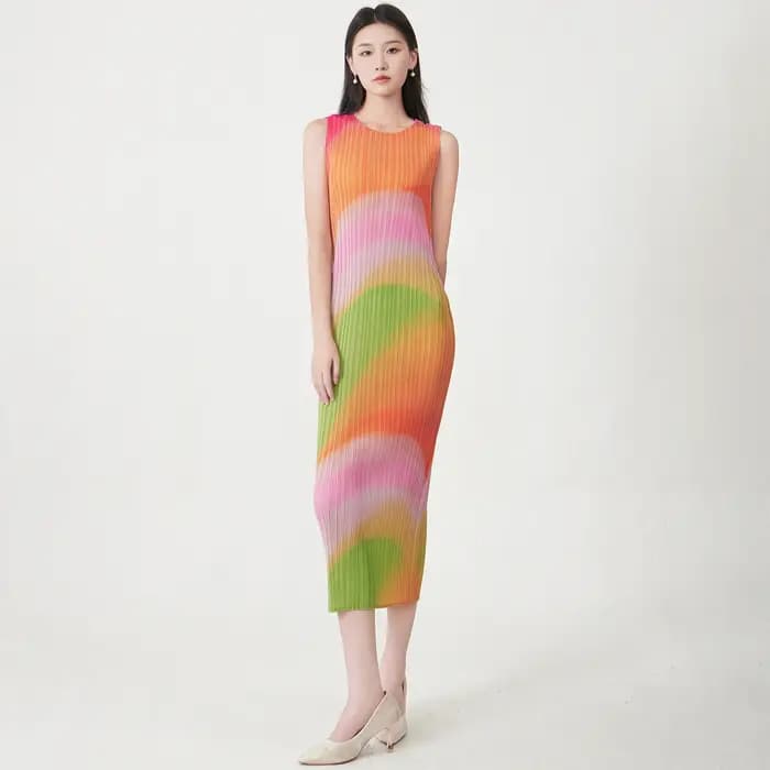 Robe plissée pour femmes, vente en gros, Design sens, imprimé extensible, robe droite, dégradé de co