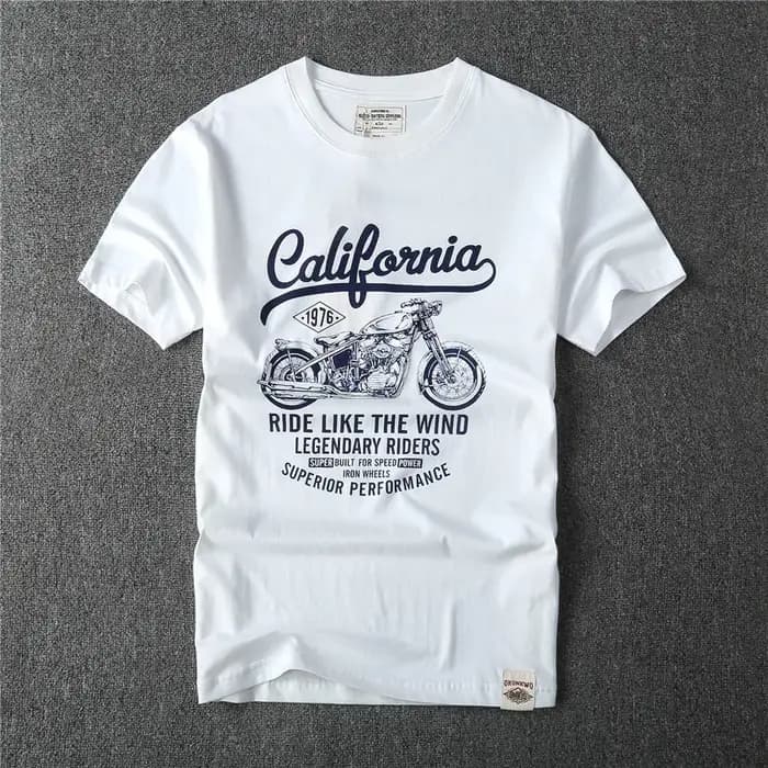 May kaki américain vintage lourd T-shirt double coton motard imprimé apprêt col rond T-shirt à manches courtes