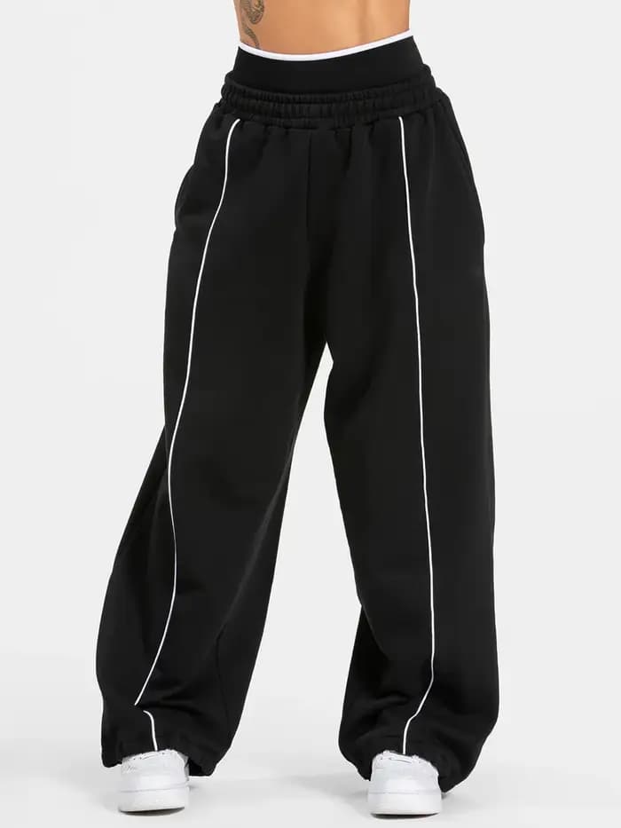 Pantalon de jogging noir taille haute pour femme avec passepoil blanc, coupe large, décontracté, sty