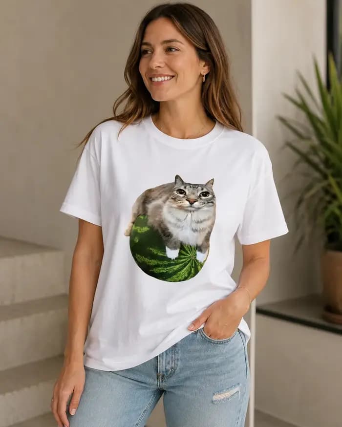 T-shirt avec imprimé pastèque et chat amusant. Ce