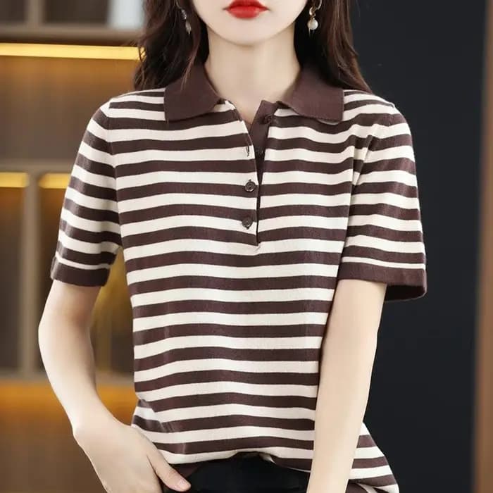 T-shirt femme rayé hauts bouton à manches courtes