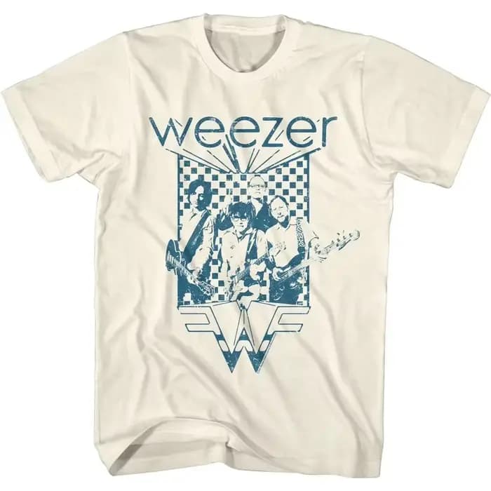 T-shirt pour homme à col rond et manches courtes, motif à carreaux bleus Weezer, tendance estivale