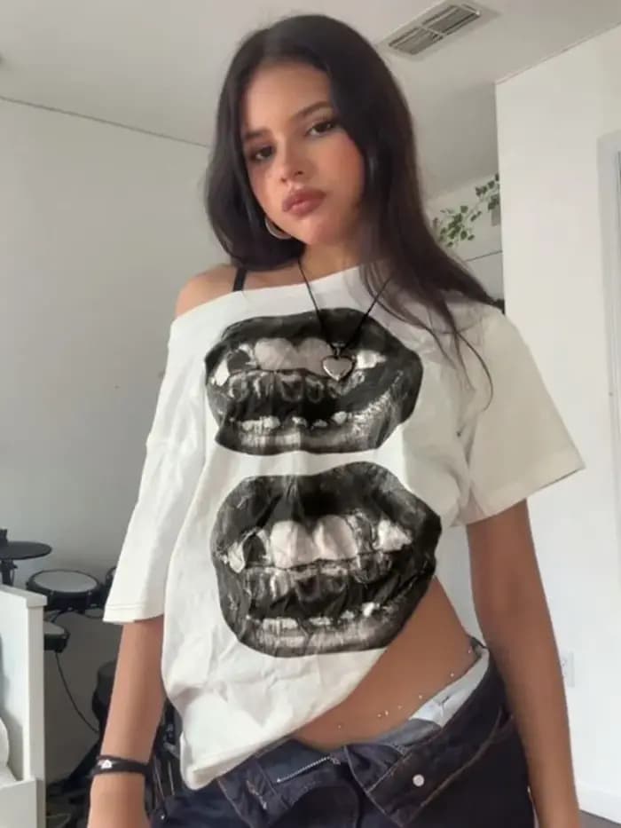 American Street Hip Hop bouche imprimé T-shirt ample femmes personnalisé haut décontracté