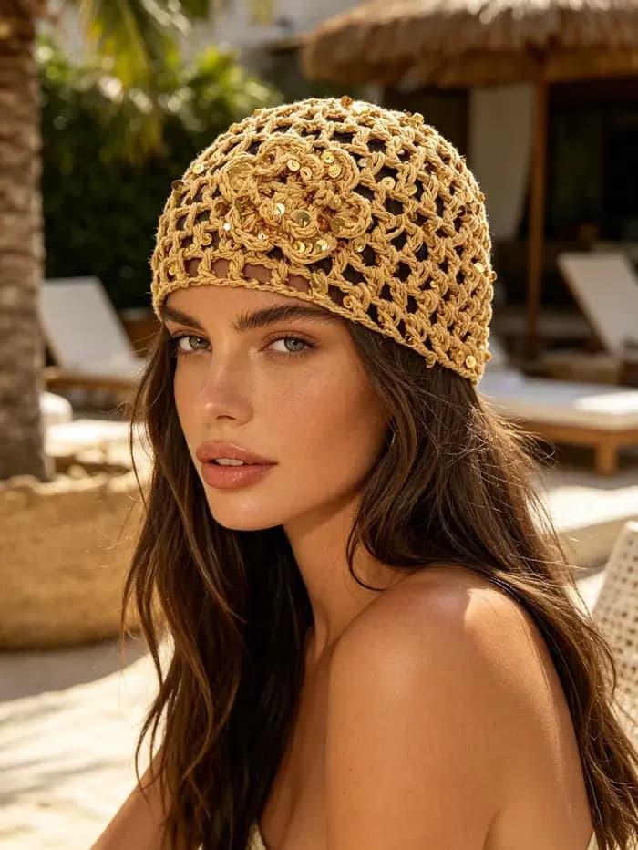 1 pièce : Bonnet en tricot ajouré à sequins style bohème