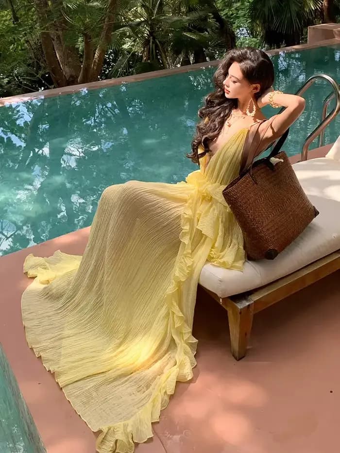 Clothland – robe mi-longue jaune sexy à volants pour femmes