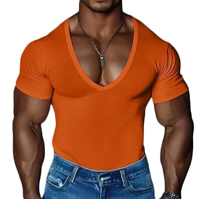 Vintage col en V t-shirts pour hommes été à la mode coupe ajustée Stretch à manches courtes T-shirt hommes quotidien décontracté couleur unie respirant T-shirt