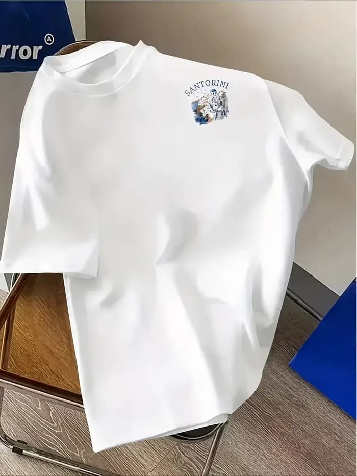 T-shirt pour homme en coton 100% avec imprimé de l'île de Santorin en Grèce