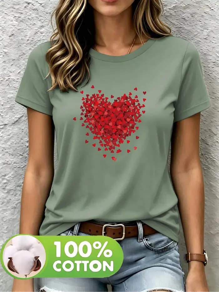 T-shirt à col rond imprimé de couleur unie pour femme