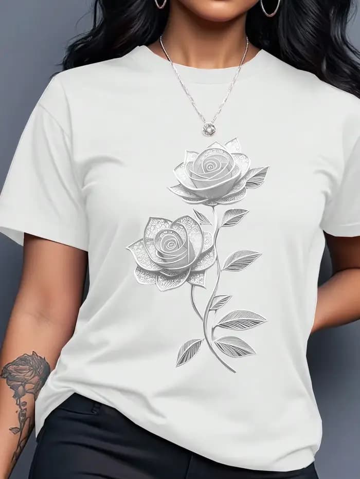 T-shirt jaune pour femme avec imprimé rose doré, haut décontracté à manches courtes et col rond