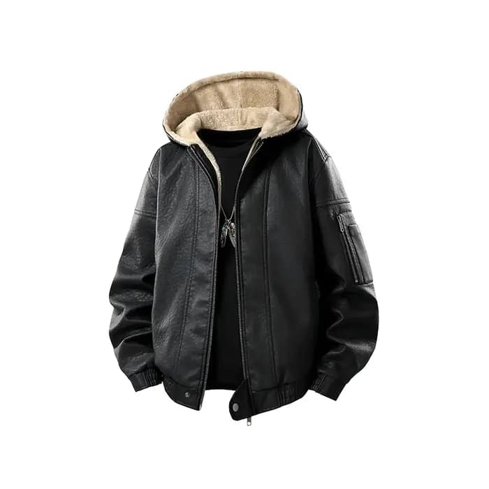 Veste en cuir à capuche décontractée pour hommes