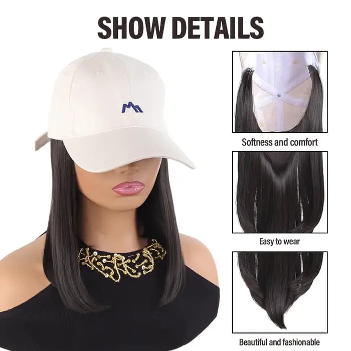 Casquette de baseball beige avec cheveux synthétiques raides mi-longs – Chapeau perruque intégré pour femme