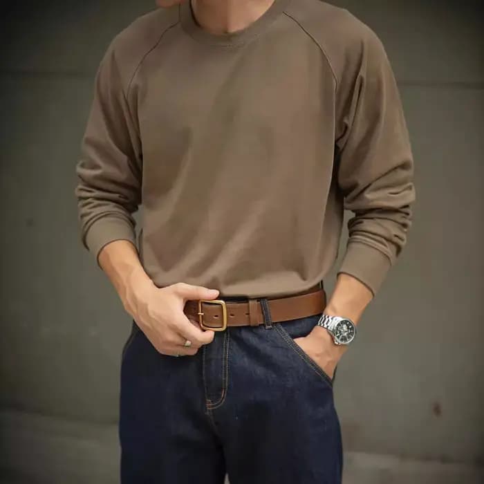 T-shirt à manches longues en coton rétro américain avec col ras du cou et sous-pull intégré pour homme