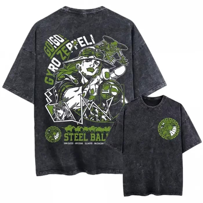 T-shirt noir oversize unisexe en coton délavé style vintage avec motif Jojo, inspiré de l'anime et d