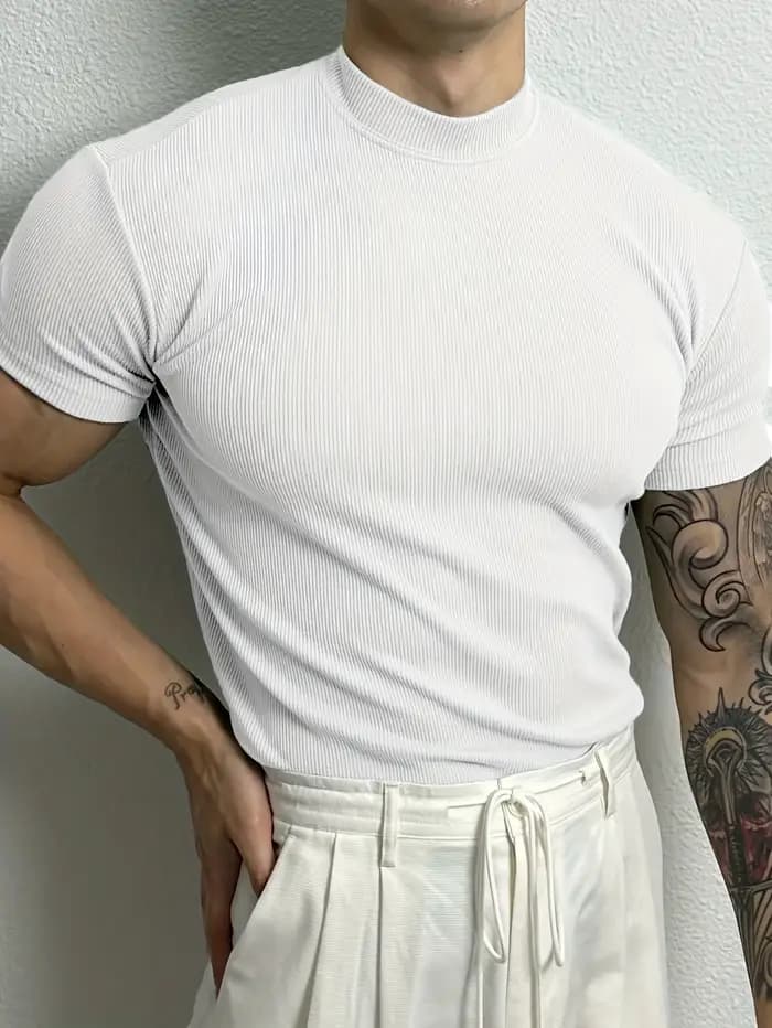 Nouveau T-shirt homme tendance 2026 – Haut de sport à col montant rayé, manches courtes, idéal pour