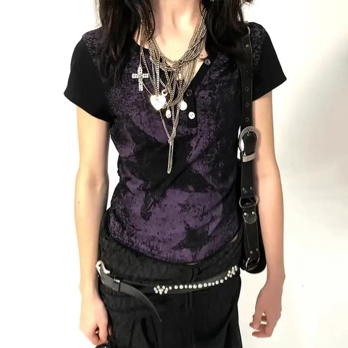 Karrcat Trashy Y2k haut court Grunge esthétique étoile imprimé T-shirt Vintage en détresse à manches courtes t-shirts Punk gothique Streetwear