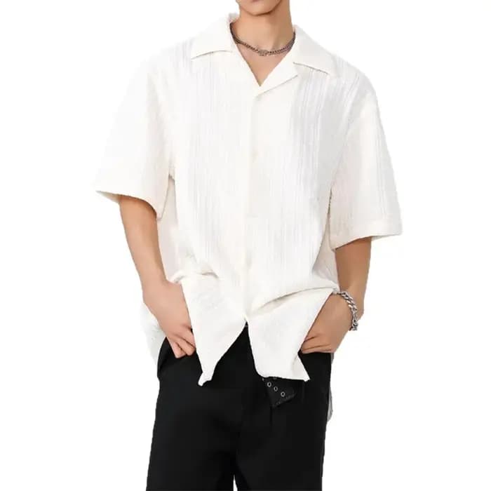 T-shirt décontracté polyvalent à col cubain texturé à manches courtes pour homme – Nouvelle collection été 2026