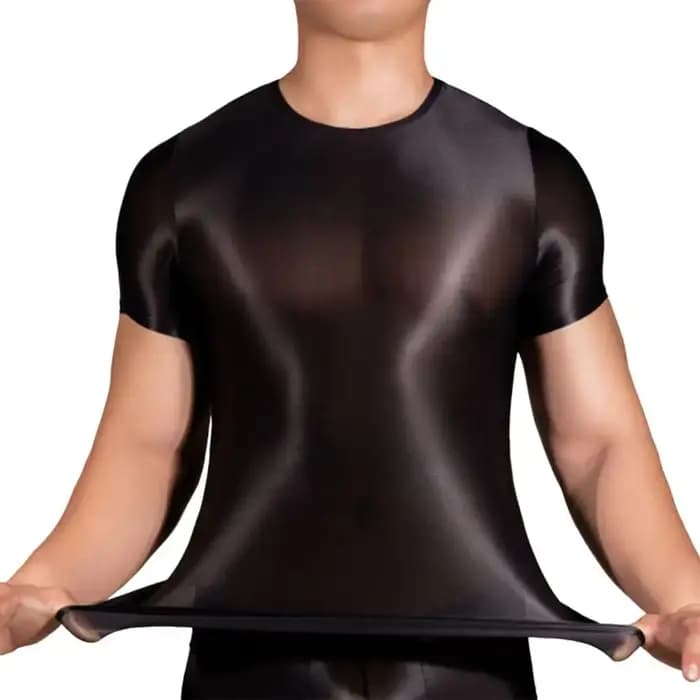 PerconsiderMen-T-shirt à manches courtes pour homme, haut à surface brillante transparente, coupe couvertes, mince, haute élasticité, col rond
