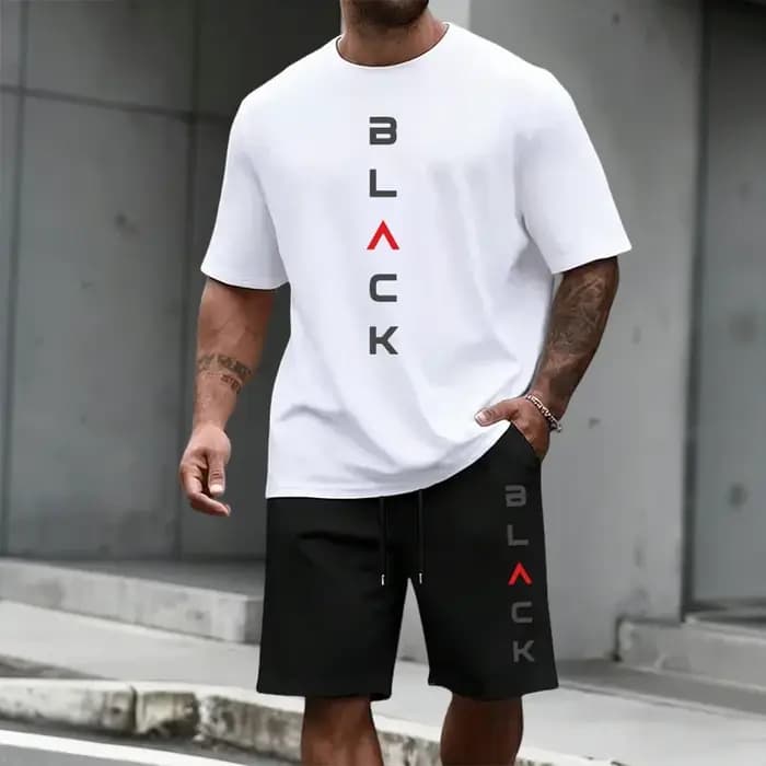 Ensemble T-shirt et short imprimé lettres noires pour homme – Tenue décontractée sportive d'été à manches courtes – Mode urbaine Streetwear