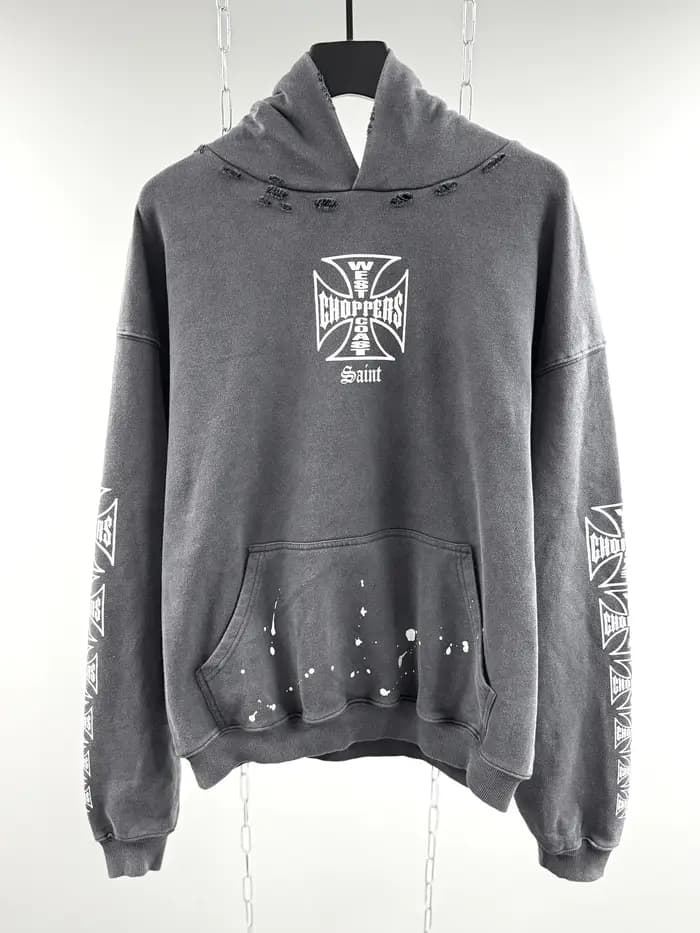 Sweat-shirt à capuche ample classique Y2k West Coast Choppers Skeleton Cross, effet délavé, coton de