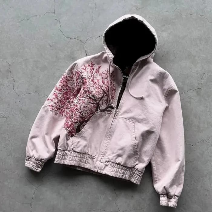 Harajuku américain rétro Sakura broderie rose à capuche Y2K veste hommes femmes surdimensionné gothique Streetwear décontracté vêtements d'extérieur à la mode