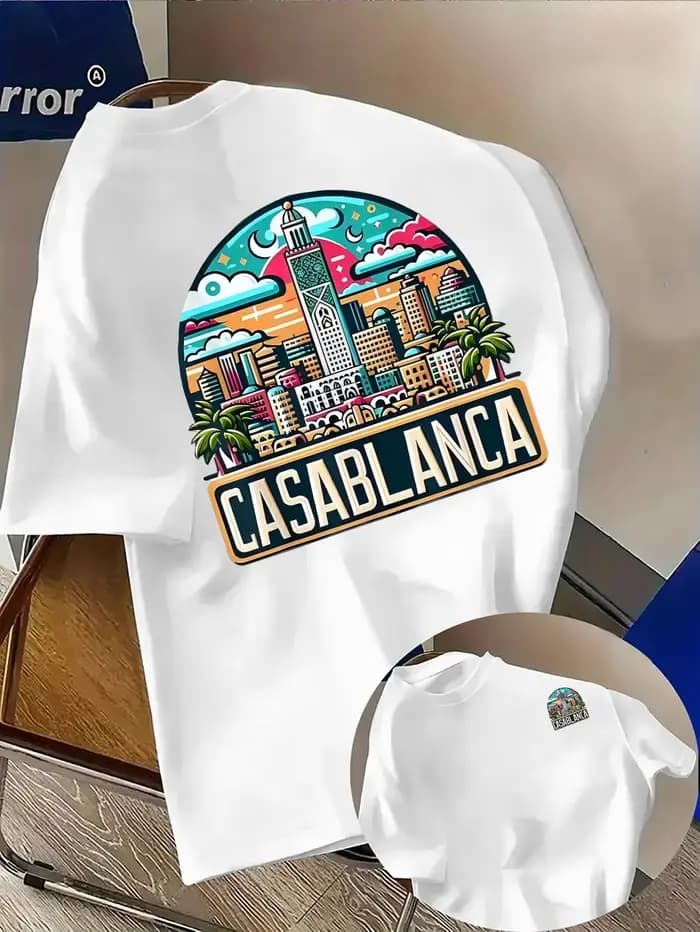 T-shirt en pur coton pour homme avec imprimé architecture urbaine marocaine et police Casablanca