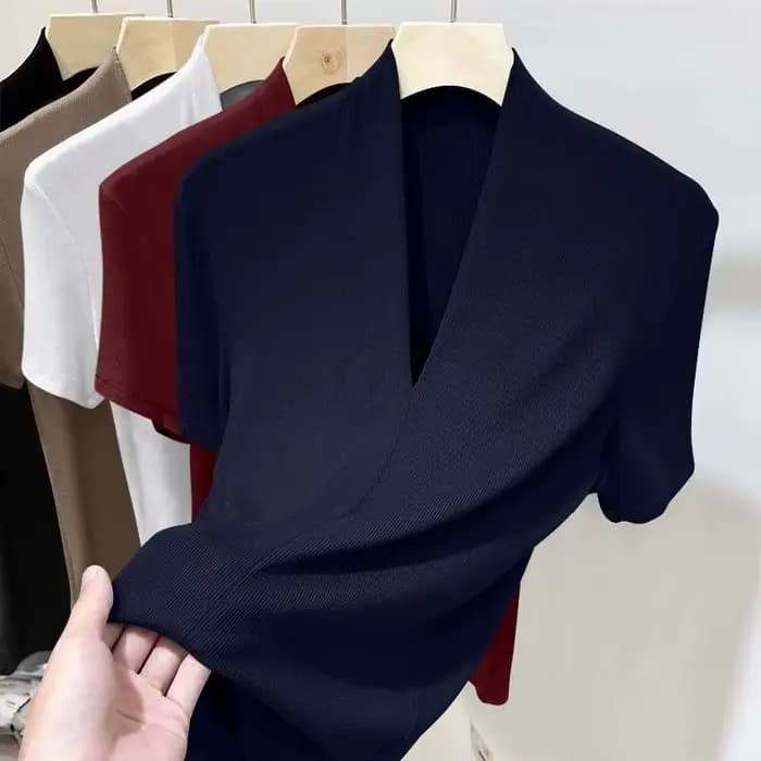 Nouveau haut à manches courtes fileté pour femmes, mode d'été, chemise de Base polyvalente, grande taille, coupe cintrée, col en v, T-shirt décontracté et Sexy