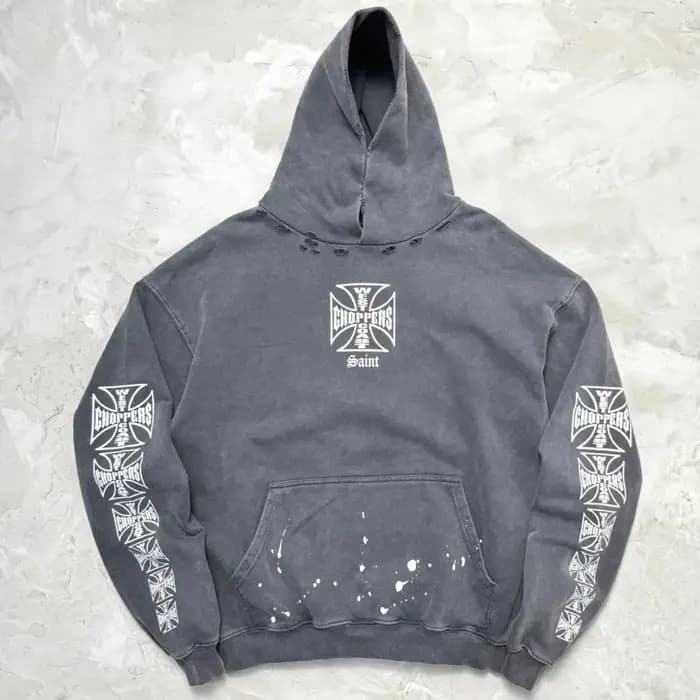 Sweat-shirt à capuche ample classique Y2k West Coast Choppers Skeleton Cross, effet délavé, coton de