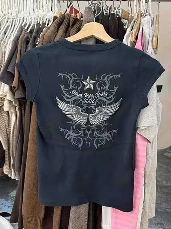 T-shirts rétro à imprimé étoile à cinq branches pour femmes, streetwear, coupe ajustée, polyvalents, manches courtes, t-shirts vintage chics et simples, tops Y2K