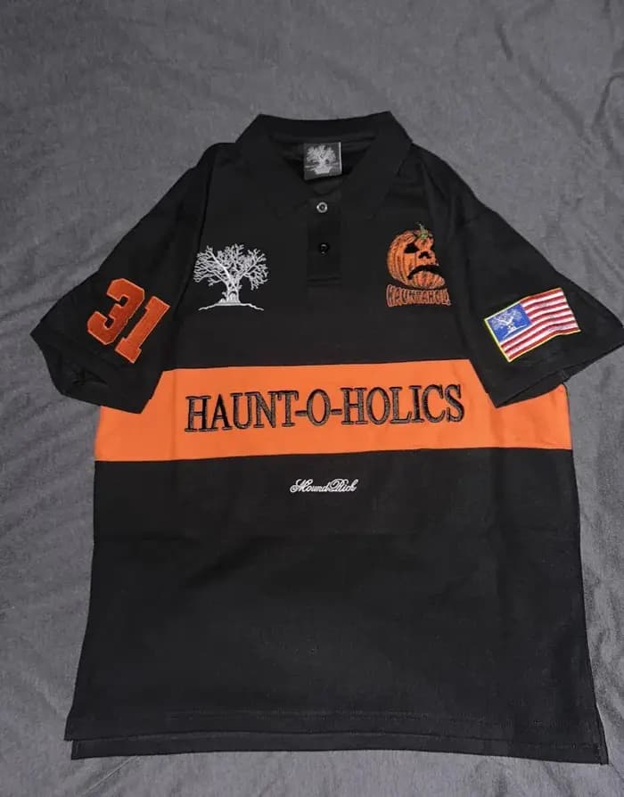 Polo noir HAUNT-O-HOLICS Y2k America rétro rue Hip Hop chemise à manches courtes motif citrouille broderie Baseball t-shirts