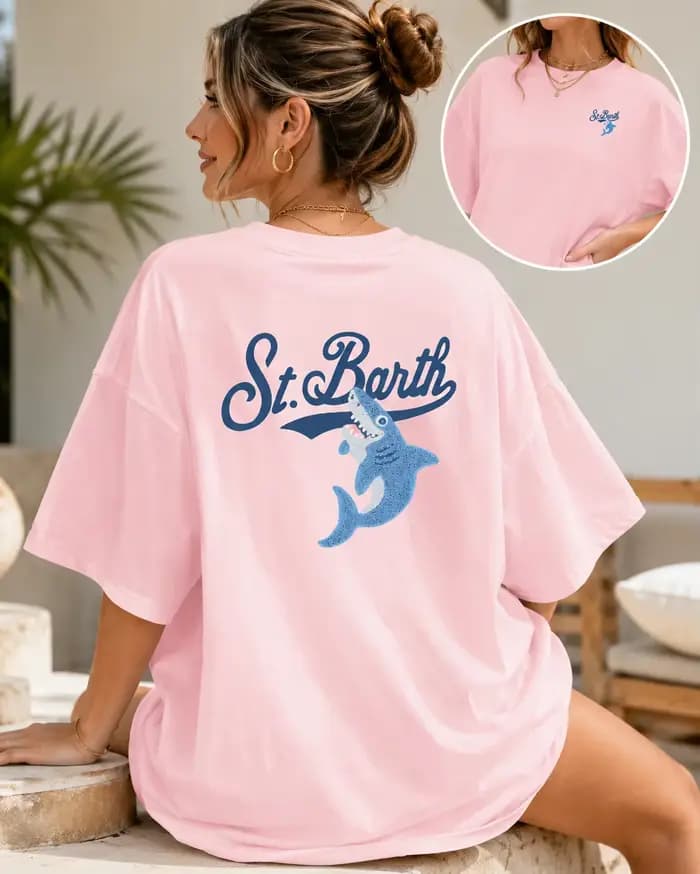 T-shirt pour femme St. Barth imprimé requin, col rond décontracté, manches courtes avec motif géométrique, haut tendance pour femme