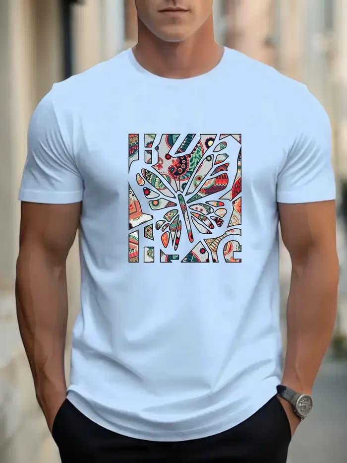 T-shirt pour hommes papillon 100 % coton impression graphique été