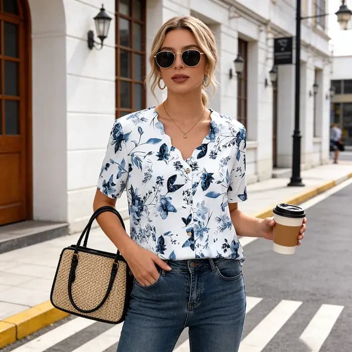 T-shirt à col en V à imprimé floral bleu et blanc - Blouse décontractée à manches courtes avec détails boutonnés pour femmes