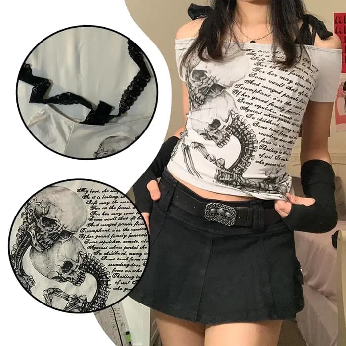 Femmes vêtements arcane rétro point crâne imprimé T-shirt à manches courtes femme sous-culture Y2k mince à lacets haut gothique épaule t-shirts