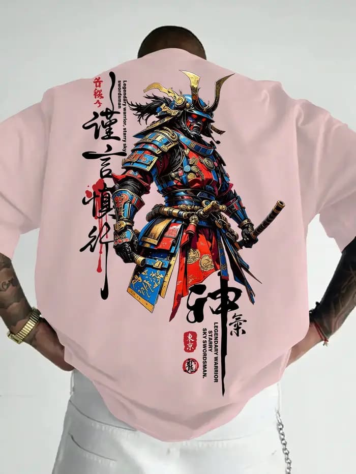 T-shirt d'été pour hommes, style streetwear, avec motif samouraï de style dessin animé, adapté à un