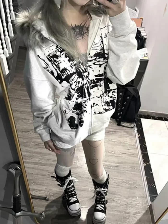 Sous-culture Faux manteaux femmes veste graphique avec capuche polaire fourrure