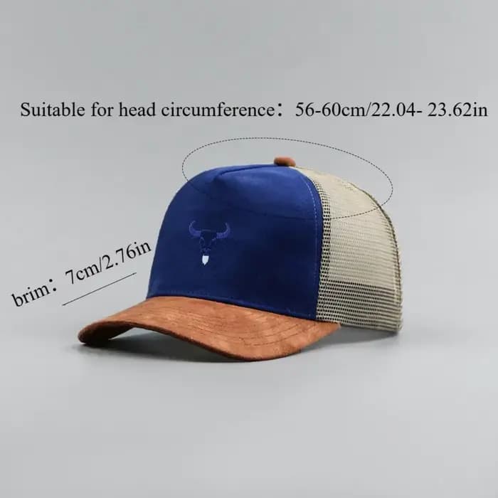 Chapeau de camionneur unisexe en maille et daim imprimé tête de taureau bleu