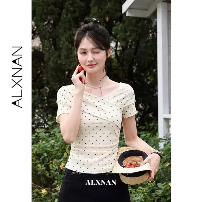 ALXNAN T-shirts noirs 2026 – Nouveauté été – T-shirt en maille à col en V croisé et manches courtes pour femme – Élégant