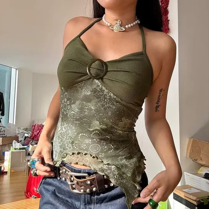 Women Summer Vacation Clothing Y2K Camisole Backless Halter Tie Asymmetrical Tops Retro Forest Green Print Boho Style