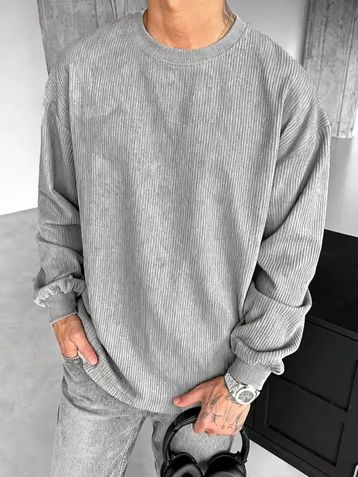 Nouveau pull décontracté en velours côtelé à col rond et couleur unie pour homme