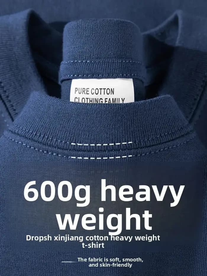 T-shirt en coton kaki épais 600G pour homme, style minimaliste, coupe ample décontractée, manches co